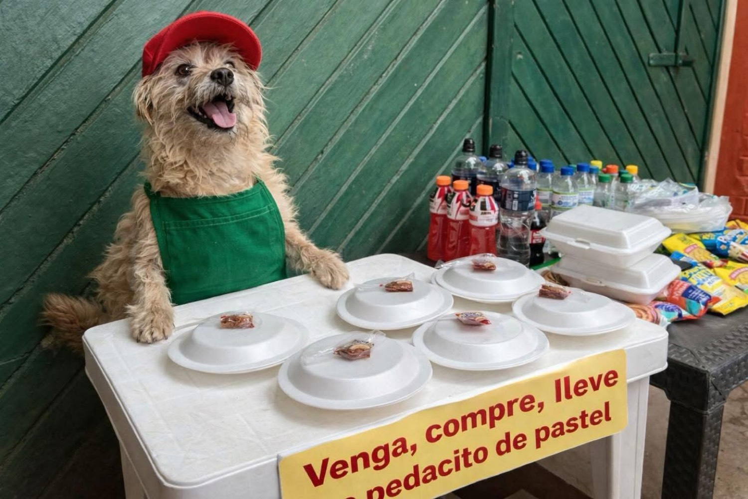 Perrito esponjoso con gorra roja y delantal verde vendiendo pastelitos